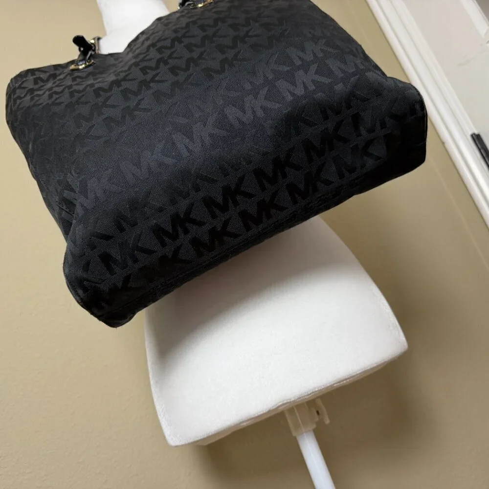 Michael Kors Black Leather Monogram Jet Set Grab Shoulder Tote Bag